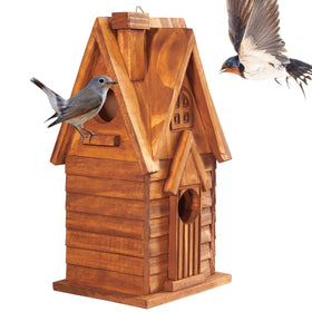 MIXUMON Bird House outdoor front view with two rooms for nesting bluebirds.