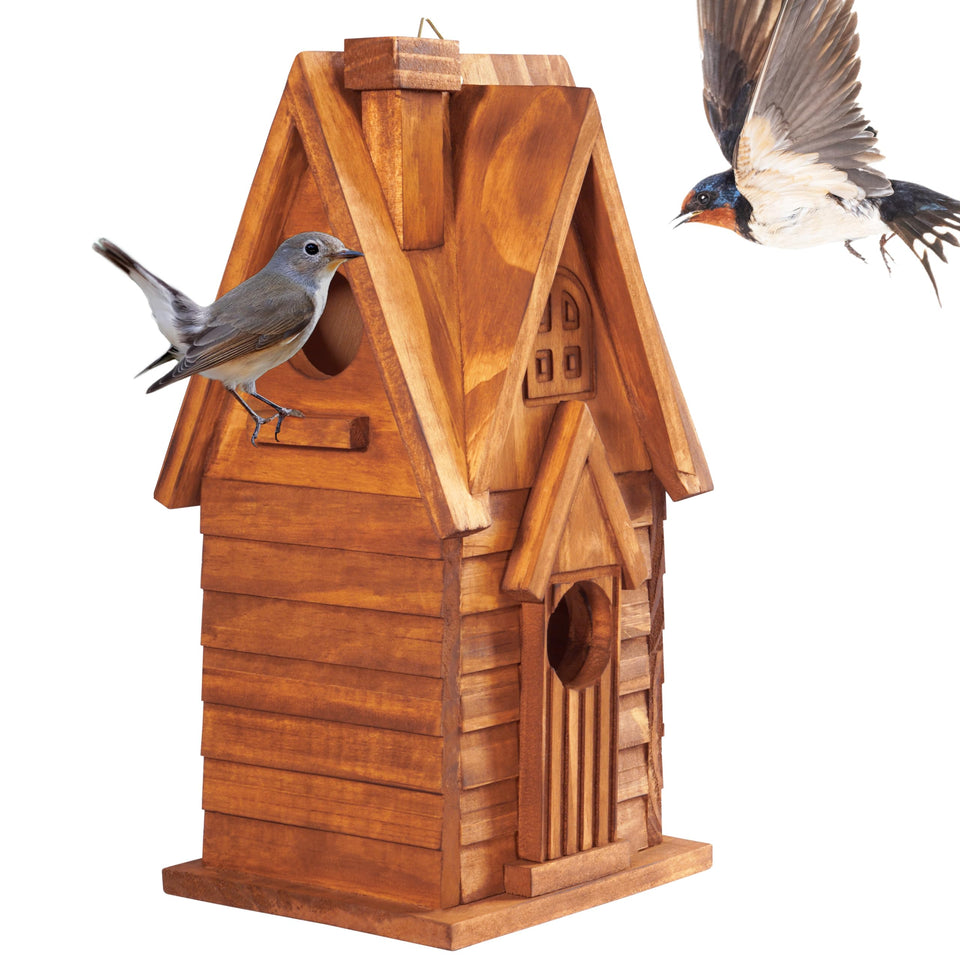 MIXUMON Bird House outdoor front view with two rooms for nesting bluebirds.