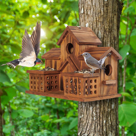 MIXUMON rustic castle-style bird house attracting bluebirds and finches.
