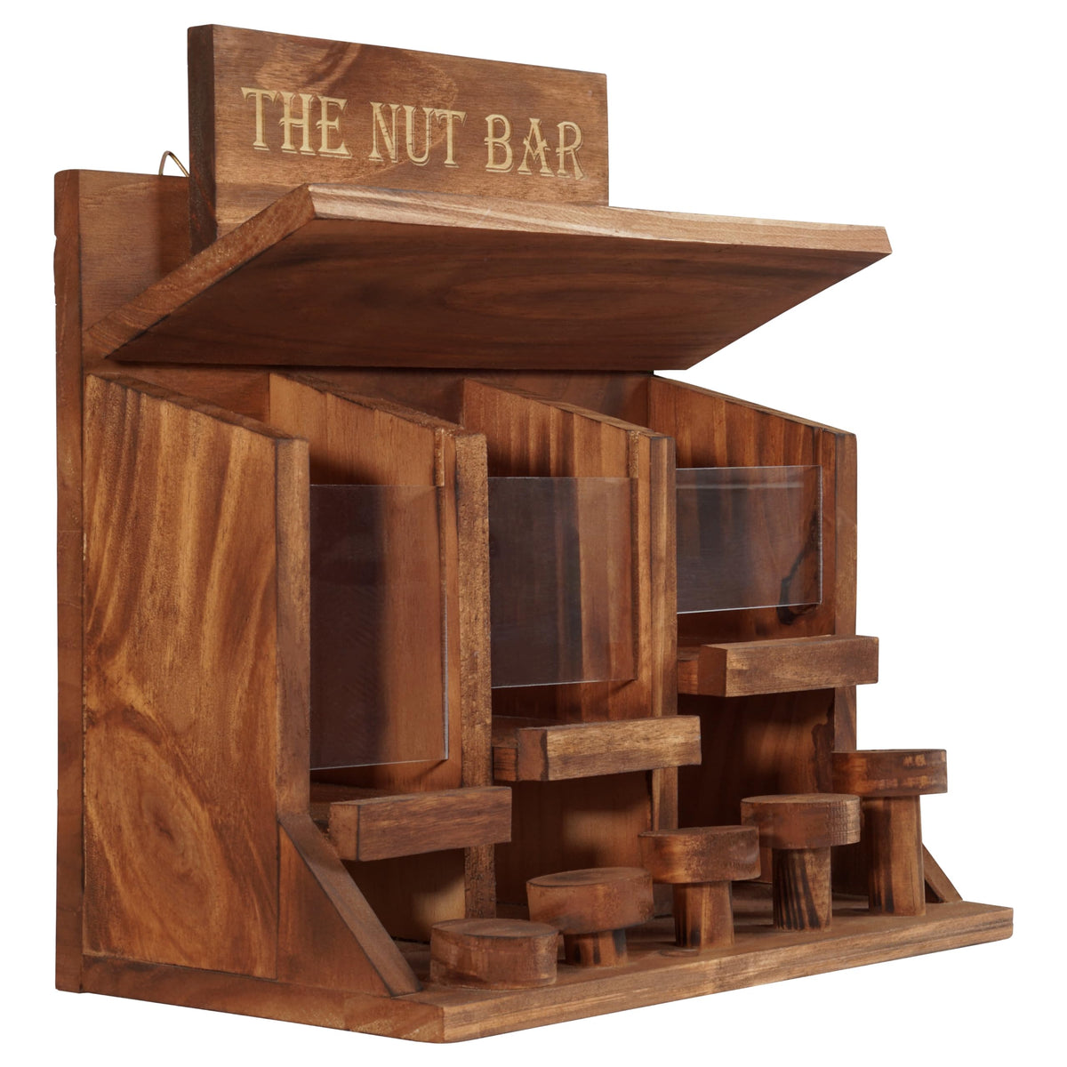 Mixumon Squirrel Feeder with five bar stools at different heights.