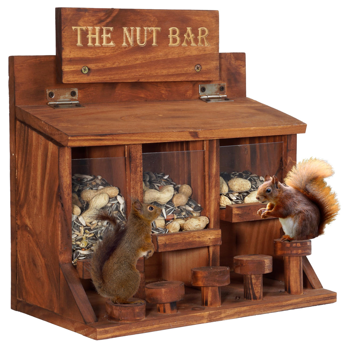 Mixumon Squirrel Feeder Table Nut Bar in outdoor pine finish, sturdy and rustic.