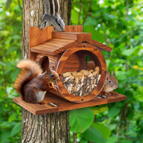 MIXUMON Wood Squirrel Feeder built from pine wood for outdoor durability and rustic charm.