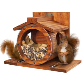 MIXUMON Wood Squirrel Feeder round seed tray attracts curious wildlife in your yard.
