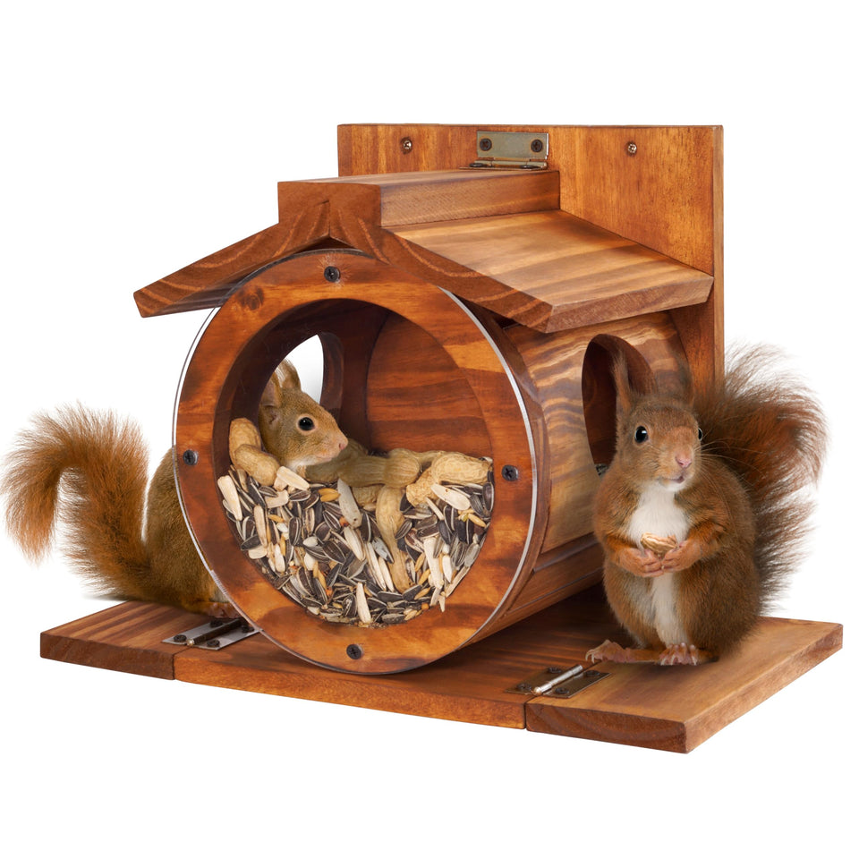 MIXUMON Wood Squirrel Feeder round seed tray attracts curious wildlife in your yard.