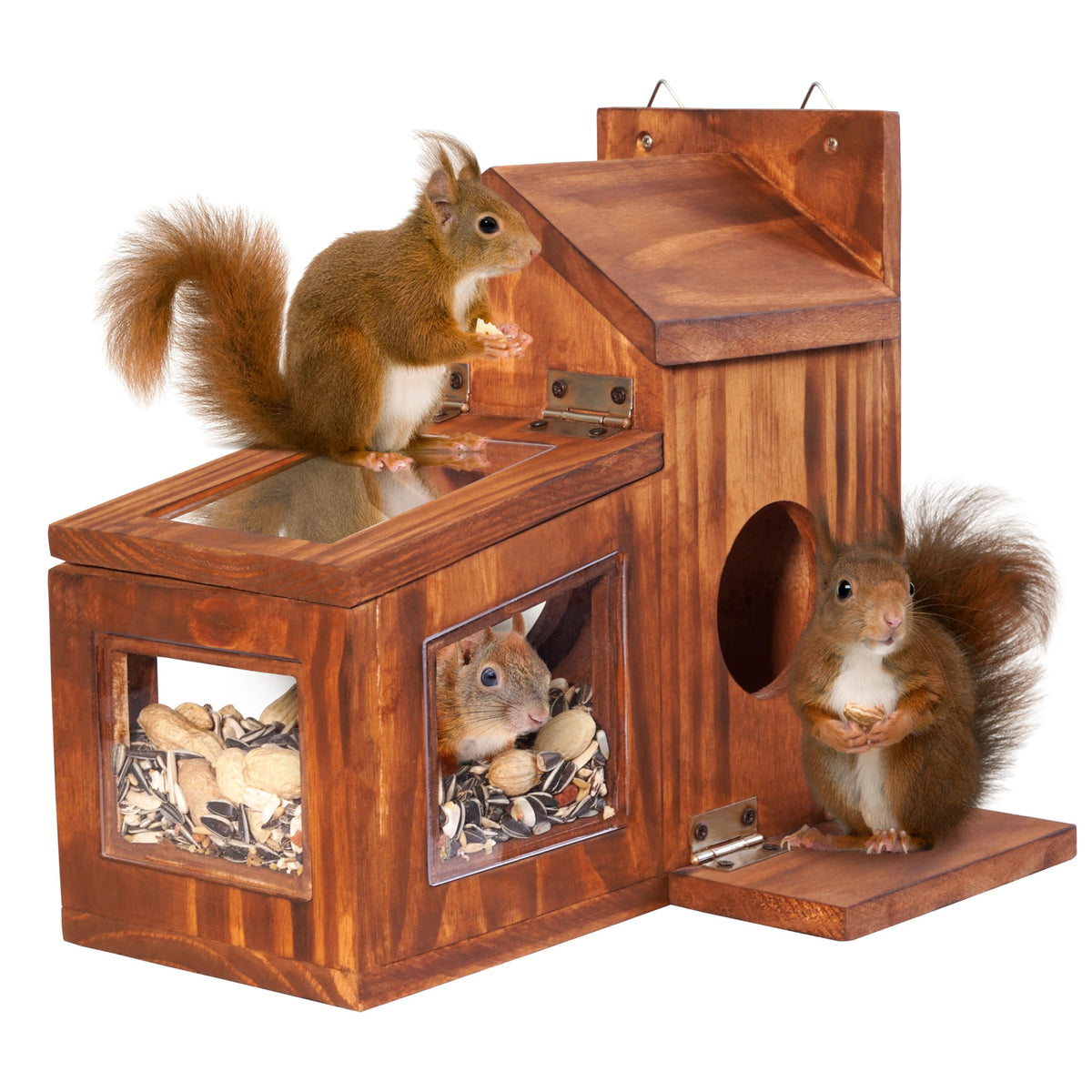 MIXUMON Wood Squirrel Feeder seed tray highlights easy seed access and rain protection.
