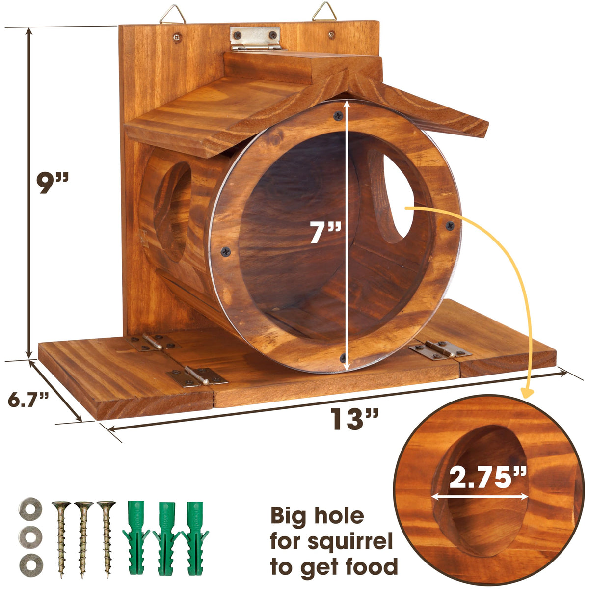 MIXUMON Wood Squirrel Feeder transparent front enhances seed visibility for quick feeding.