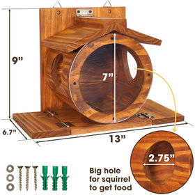 MIXUMON Wood Squirrel Feeder transparent front enhances seed visibility for quick feeding.