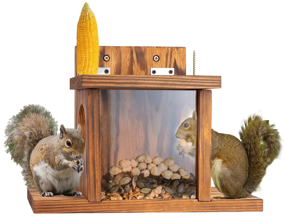 MIXUMON Wood Squirrel Feeder tray full of treats inviting backyard visitors