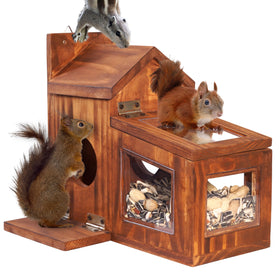 MIXUMON Wood Squirrel Feeder clear roof view monitors activity.