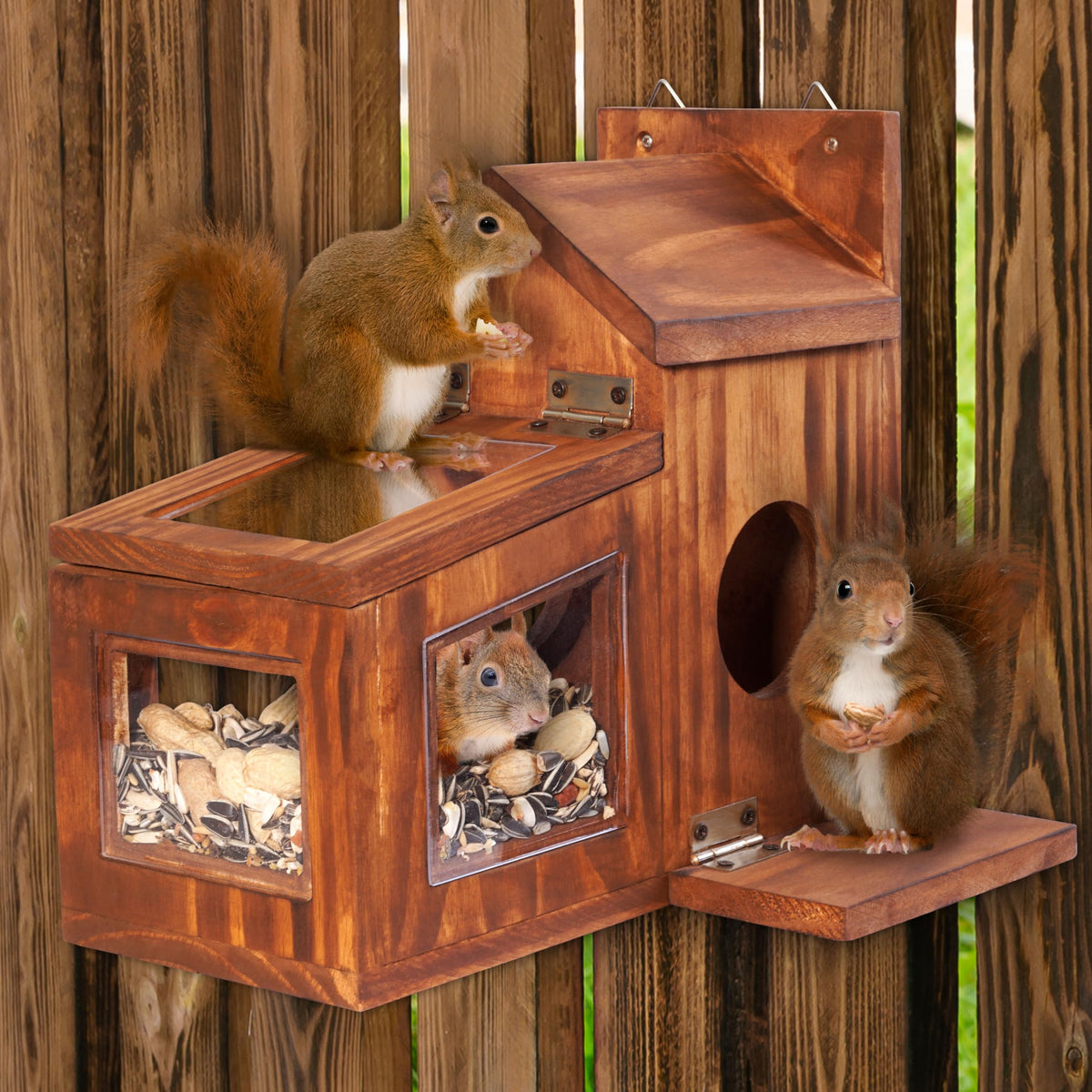 MIXUMON Wood Squirrel Feeder weather-protected seeds stay dry.