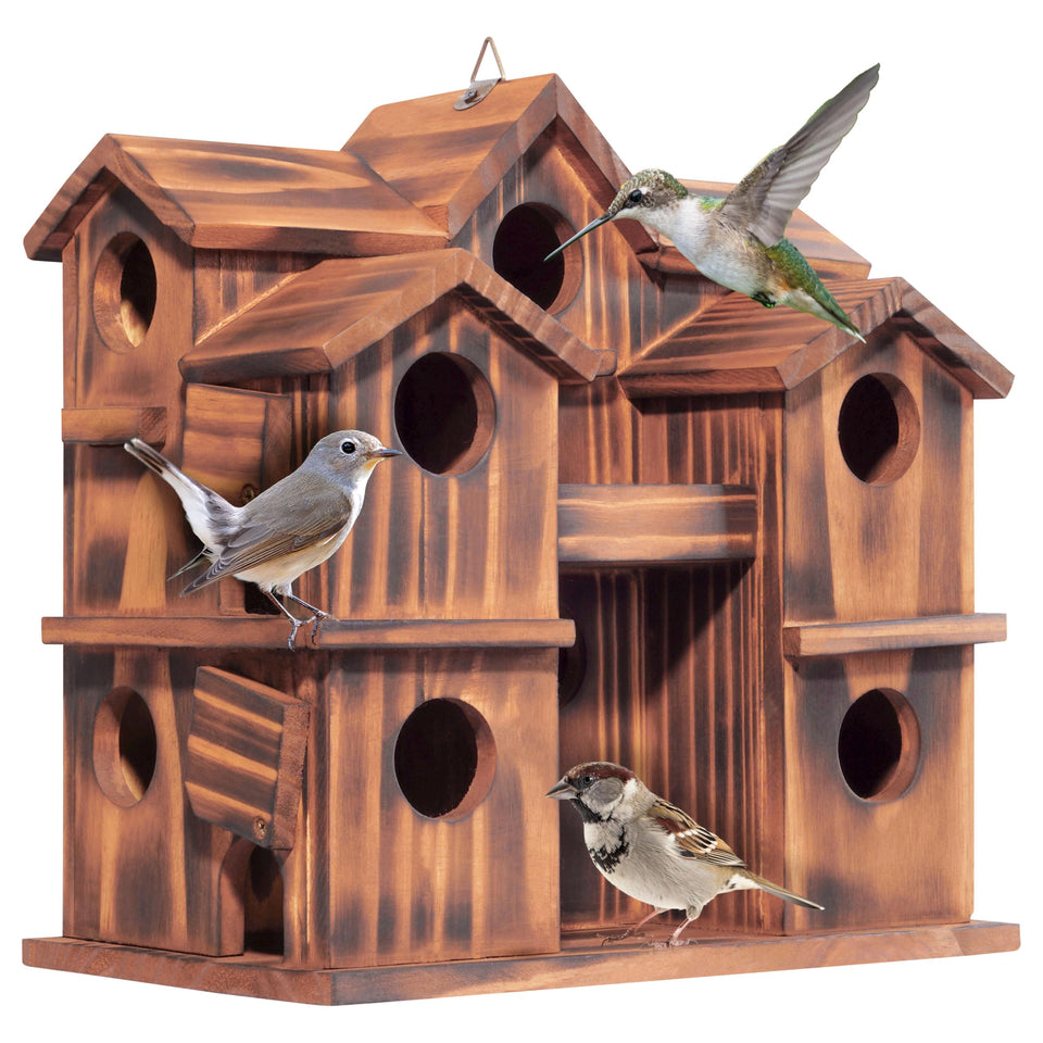 MIXUMON 10-rooms wooden bird house outdoors, showing safe multi-family nesting.