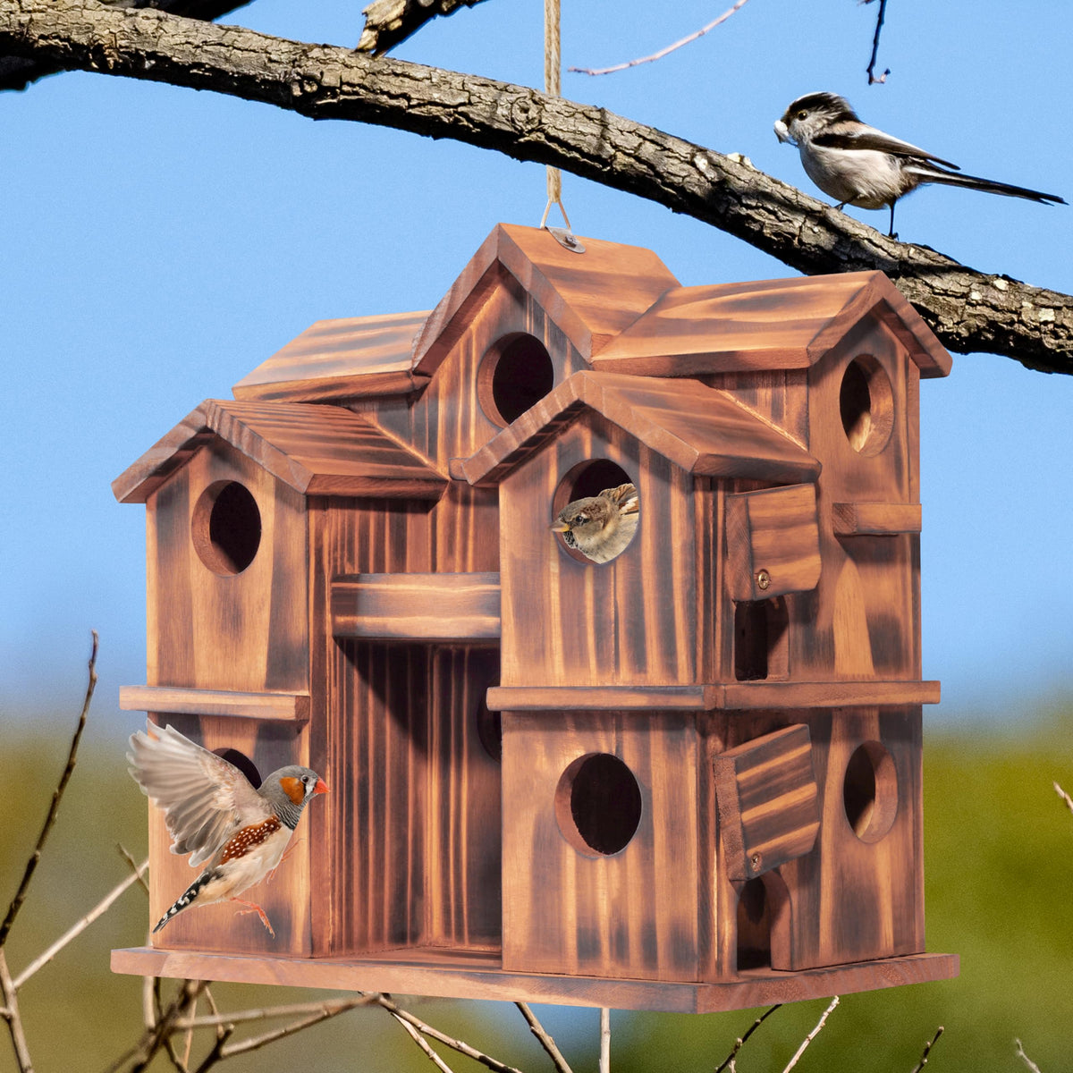 MIXUMON wooden bird house carbonized pine finish emphasizes rustic weather resistance.