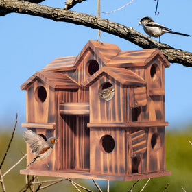 MIXUMON wooden bird house carbonized pine finish emphasizes rustic weather resistance.