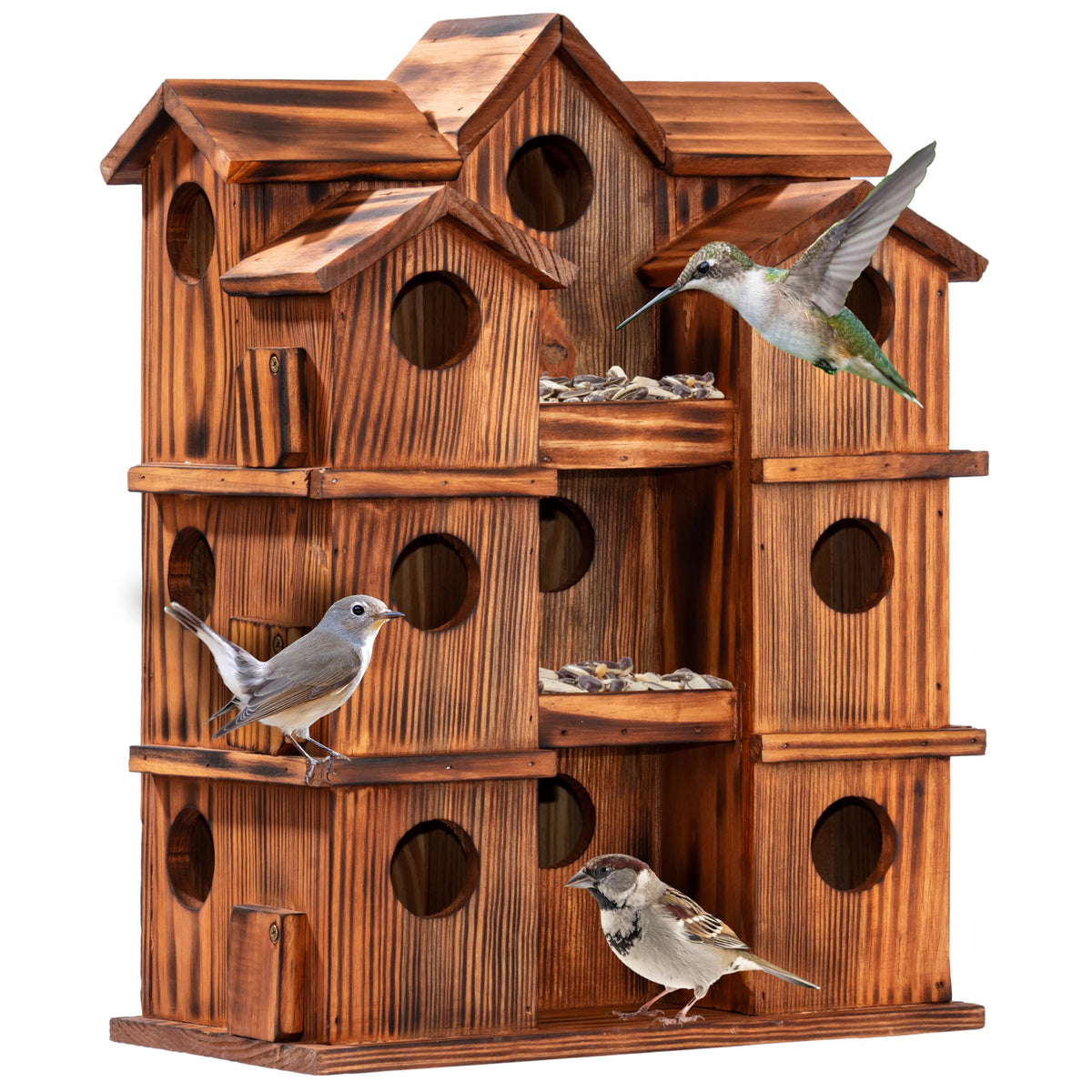 MIXUMON 15-room wooden bird house front view in rustic pine, ideal for backyard nesting.
