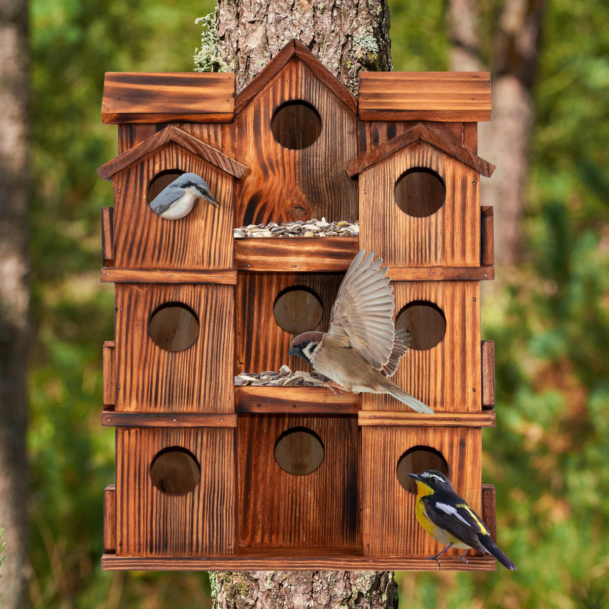MIXUMON 15-room bird house side view in rustic pine, blends with garden décor.