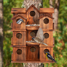 MIXUMON 15-room bird house side view in rustic pine, blends with garden décor.