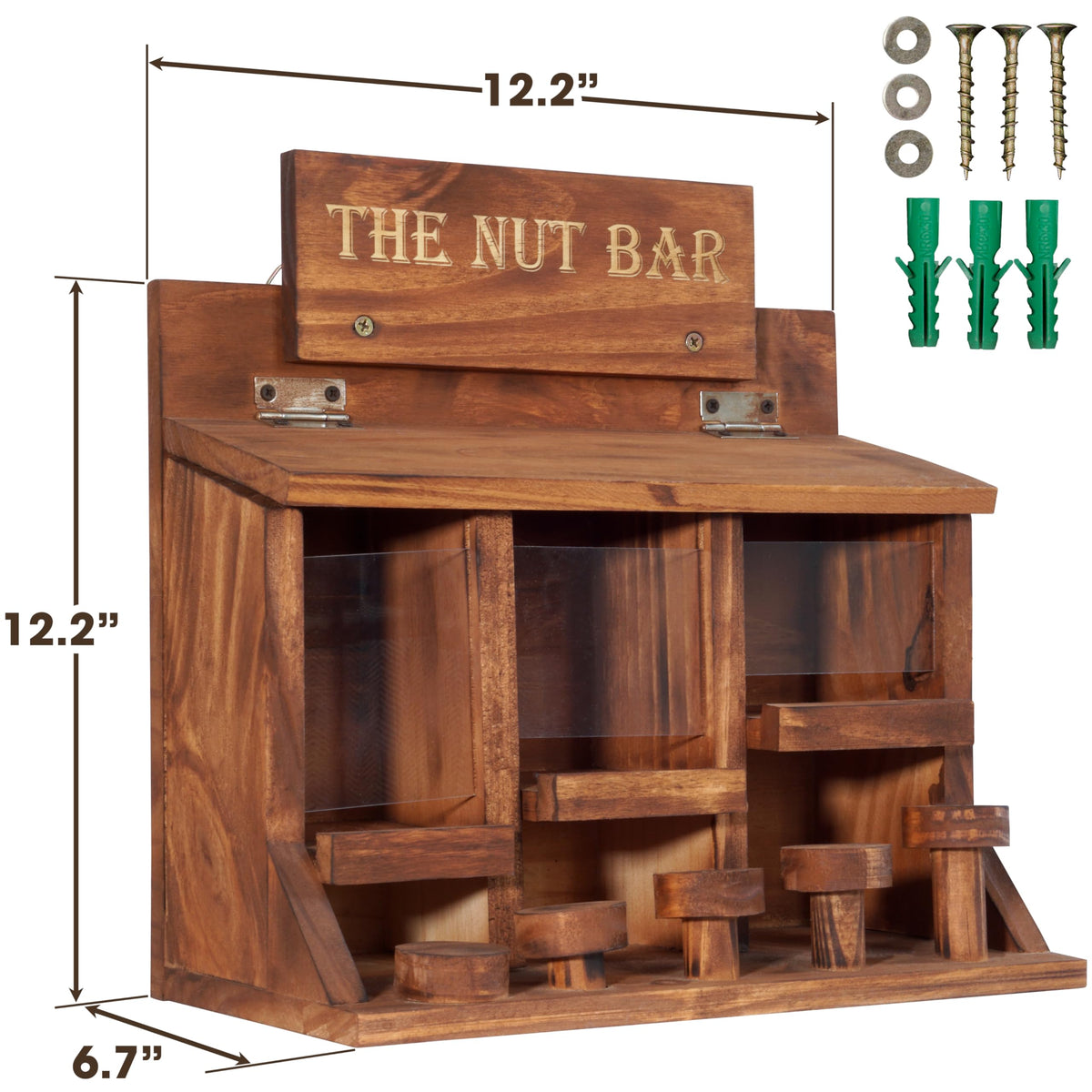 Mixumon Wooden Squirrel Picnic Table Feeder set beside garden plants.