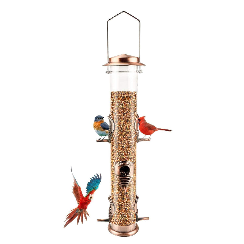 MIXXIDEA antique copper six-port feeder close-up showing six perches for multiple birds