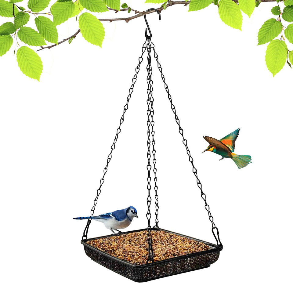 MIXXIDEA hanging bird feeder tray in a sunny garden attracts songbirds