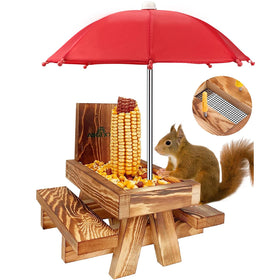MIXXIDEA Squirrel Feeder Table with Umbrella provides shaded outdoor dining for squirrels.