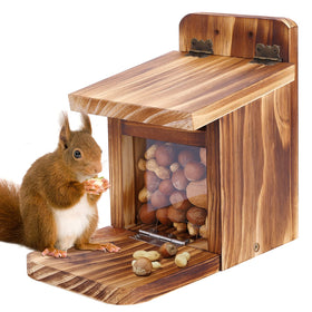 MIXXIDEA wooden squirrel feeder box front view highlights durable, weather-ready construction.