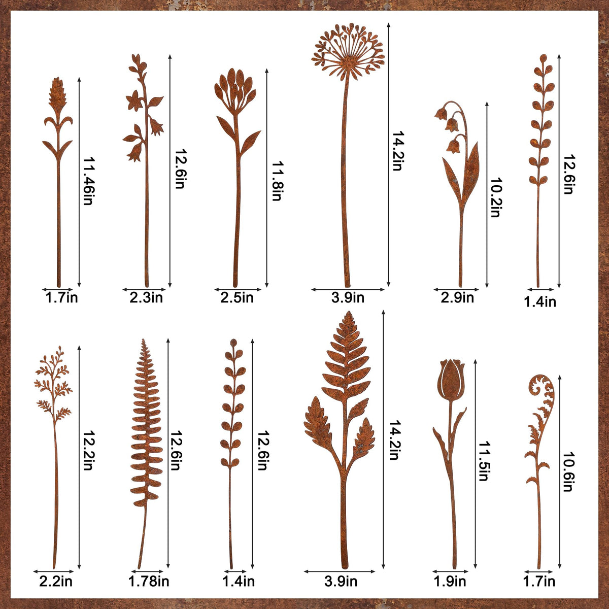 Mizelu rusty fern leaf stake adds vintage charm to garden beds or potted plants.
