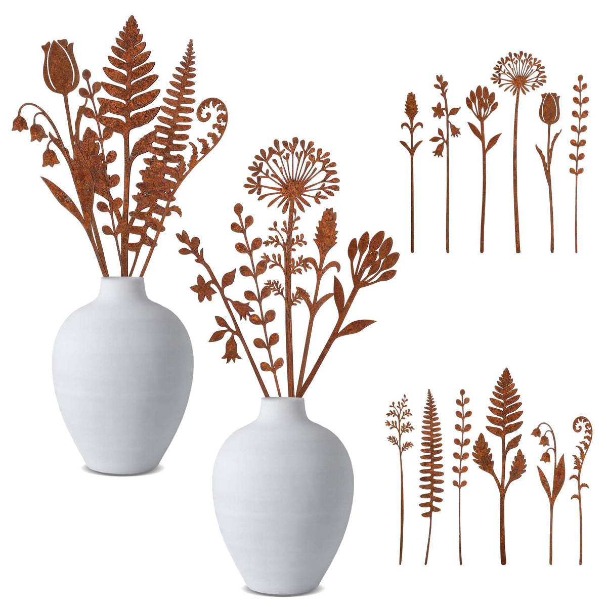 Mizelu rusty metal flowers stakes collection for diverse rustic arrangements.