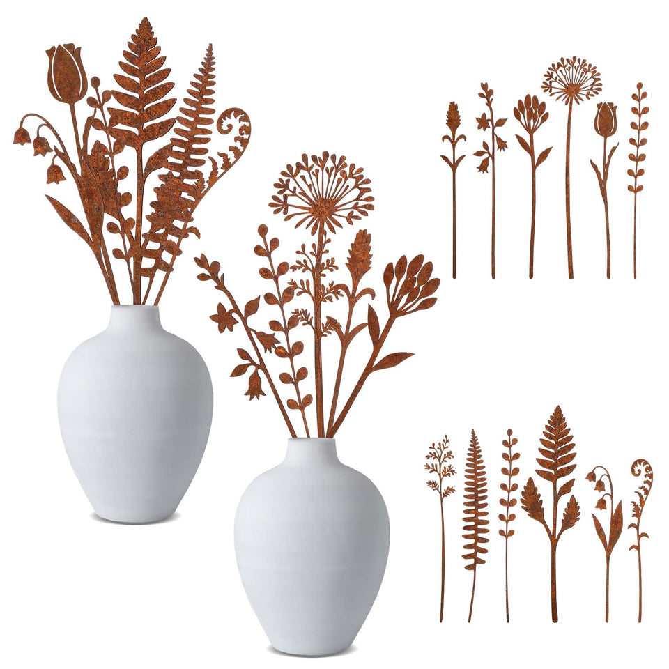 Mizelu rusty metal flowers stakes collection for diverse rustic arrangements.