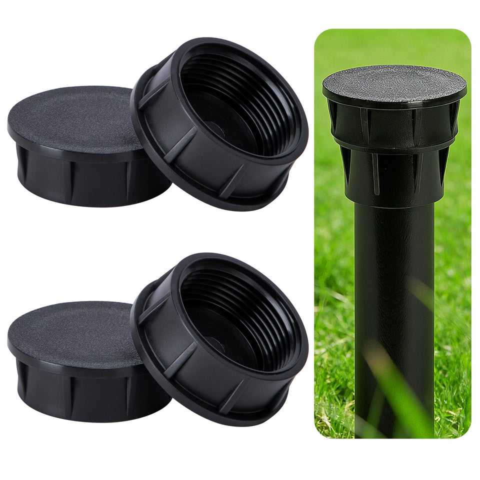 Mizelu sprinkler head cap four-pack shown on a lawn irrigation system, protecting multiple heads.