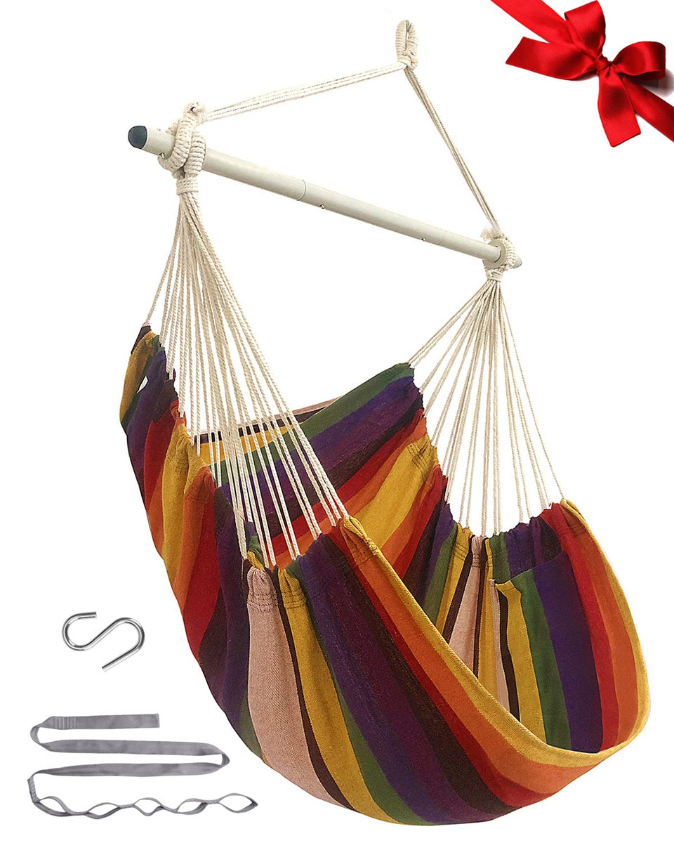 MIZTLI hammock chair with steel spreader bar offers sturdy indoor support.
