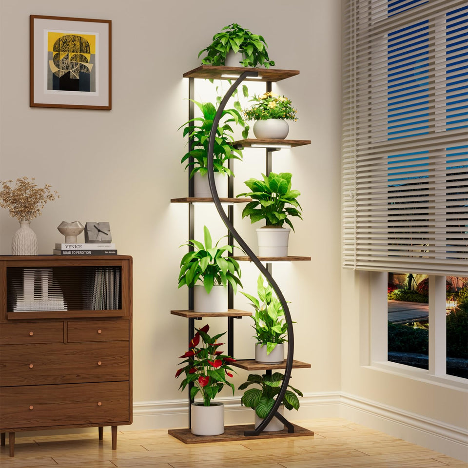 MJOMKN 59-inch tall 7-tier plant stand with grow lights for indoor greenery.