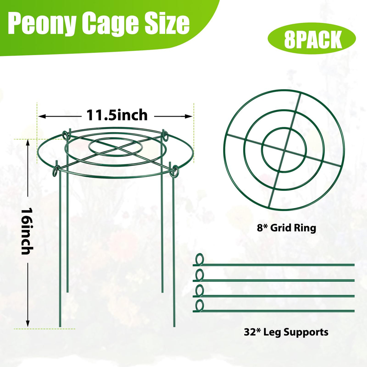 MJZ 8-pack peony cages with 4-leg stands stabilize plants against wind.