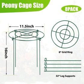 MJZ 8-pack peony cages with 4-leg stands stabilize plants against wind.