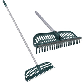 MJZ artificial turf rake with an 18-inch wide head for faster area cleaning.