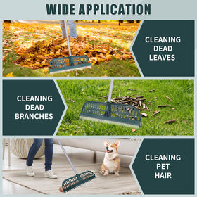 MJZ turf rake coarse plastic teeth tackle larger twigs and debris.
