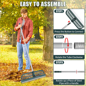 MJZ turf rake dense bristles for thorough leaf and pet hair pickup.