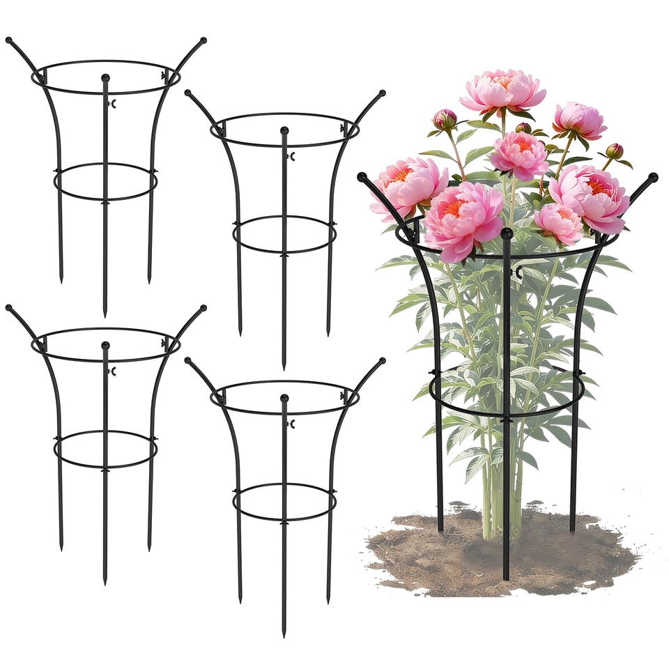 MJZ 4 Pack Peony Cages assembled setup showing stable three-leg frame for heavy blooms