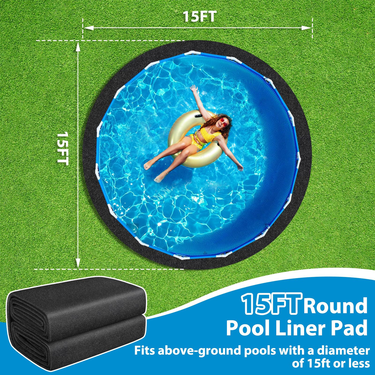 MJZ underpool mat on lawn, close-up shows pre-cut design for easy setup.
