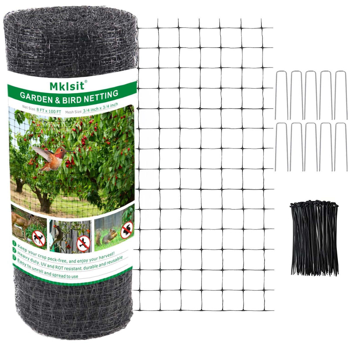 Mklsit deer netting fence protecting a fruit tree from animals.