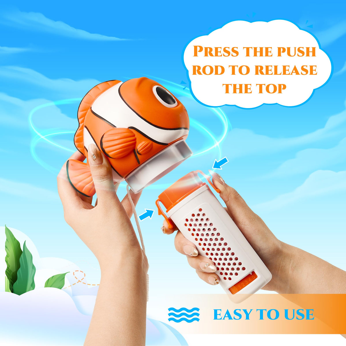 MKLZ clownfish dispenser holds five tablets for 1-inch tablets.