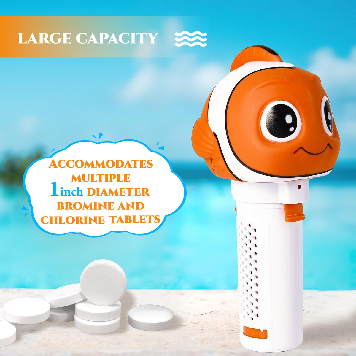 MKLZ floaters ideal for hot tubs and spas with playful clownfish design.