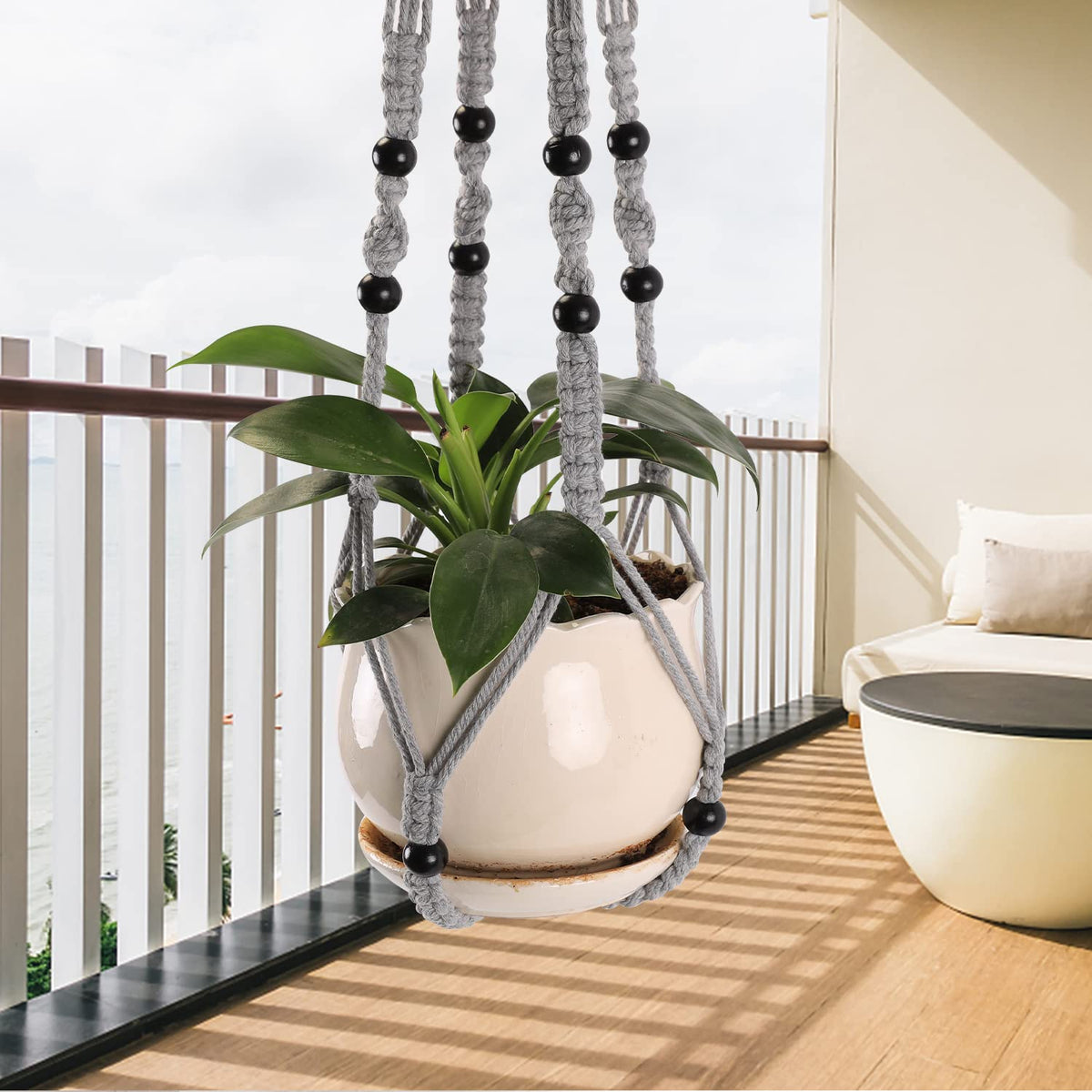MKO SHUN macrame plant hanger 30-inch gray ideal for living room greenery