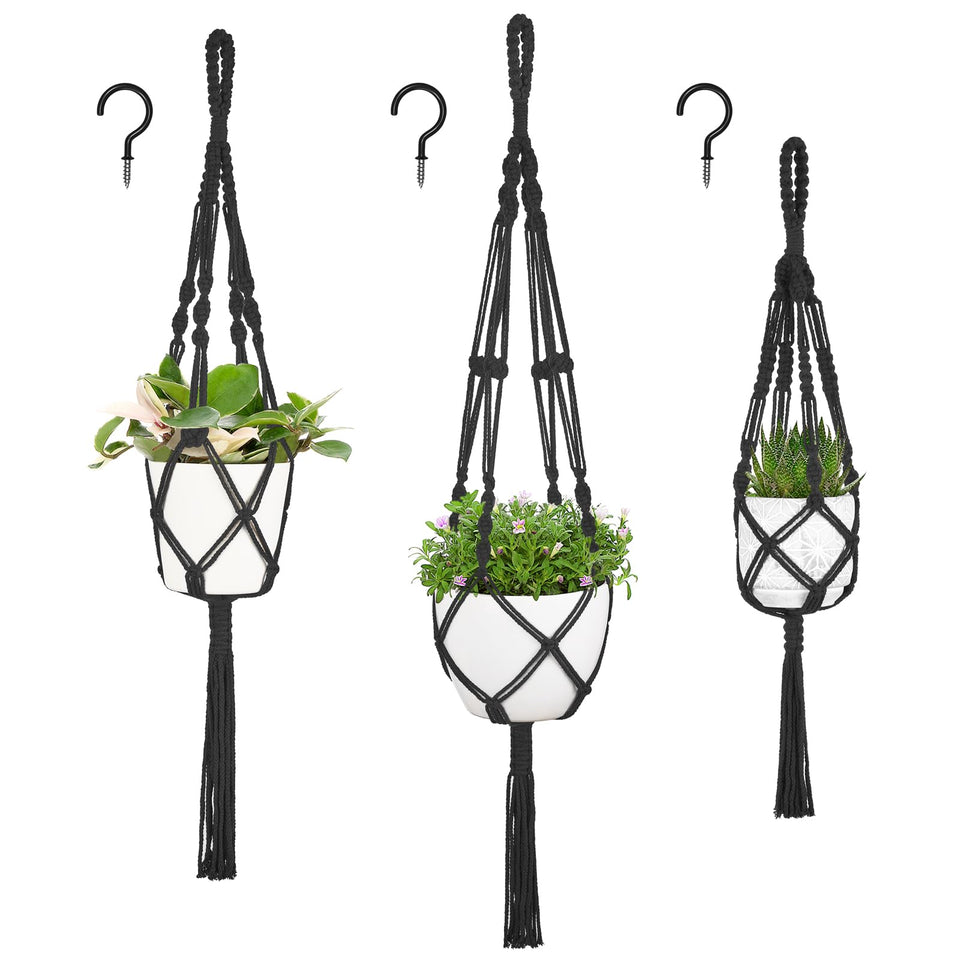 Mkono 3-pack macrame plant hangers in black displaying space-saving indoor plant display