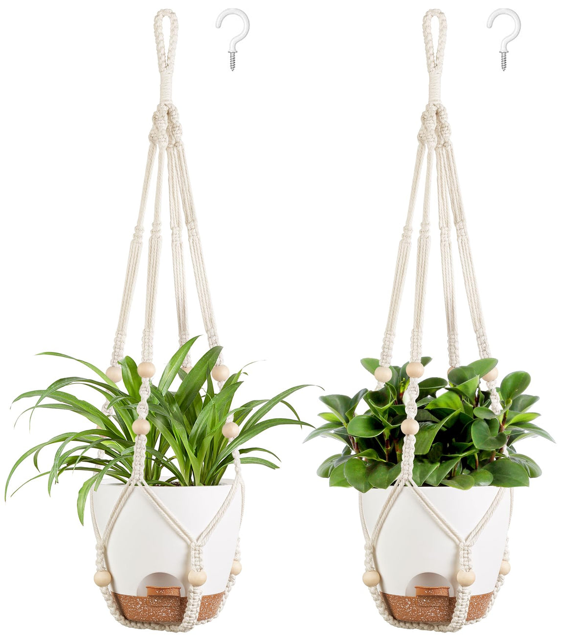 Mkono 6.5-inch ivory hanging planter with macrame closeup for indoor greenery