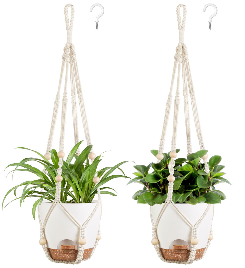 Mkono 6.5-inch ivory hanging planter with macrame closeup for indoor greenery