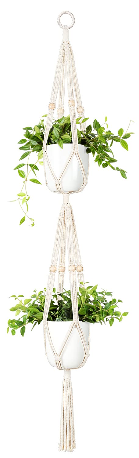 Mkono double plant hanger with cotton rope and beads for stylish indoor display