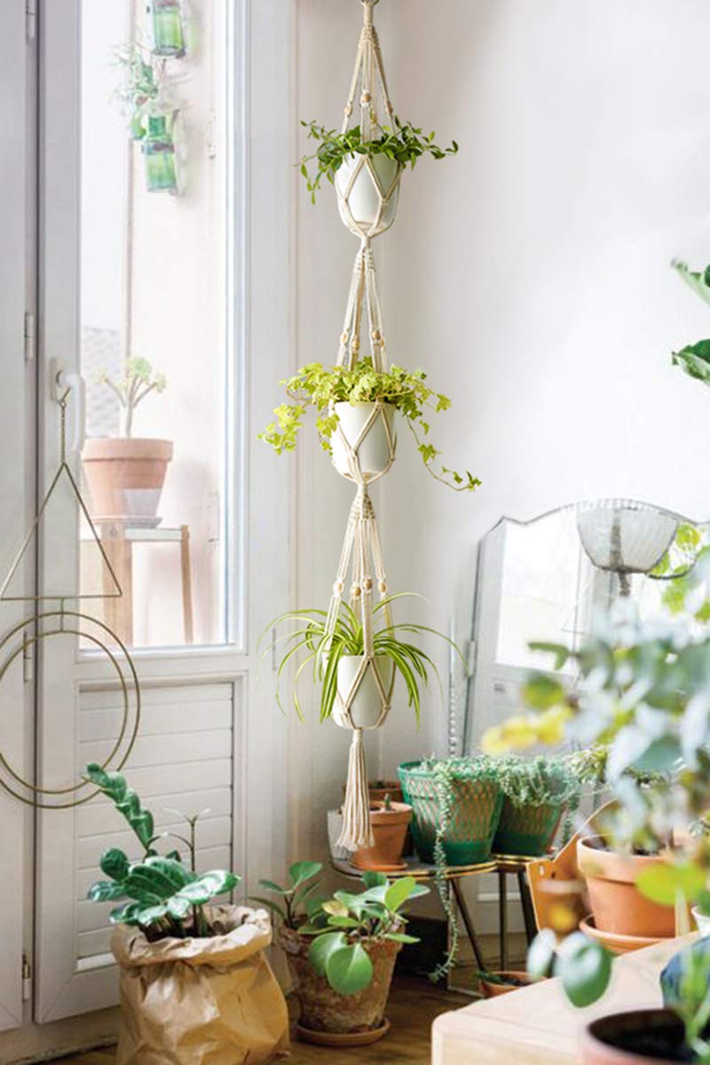 Mkono double-pot hanger in cotton rope displayed on a balcony