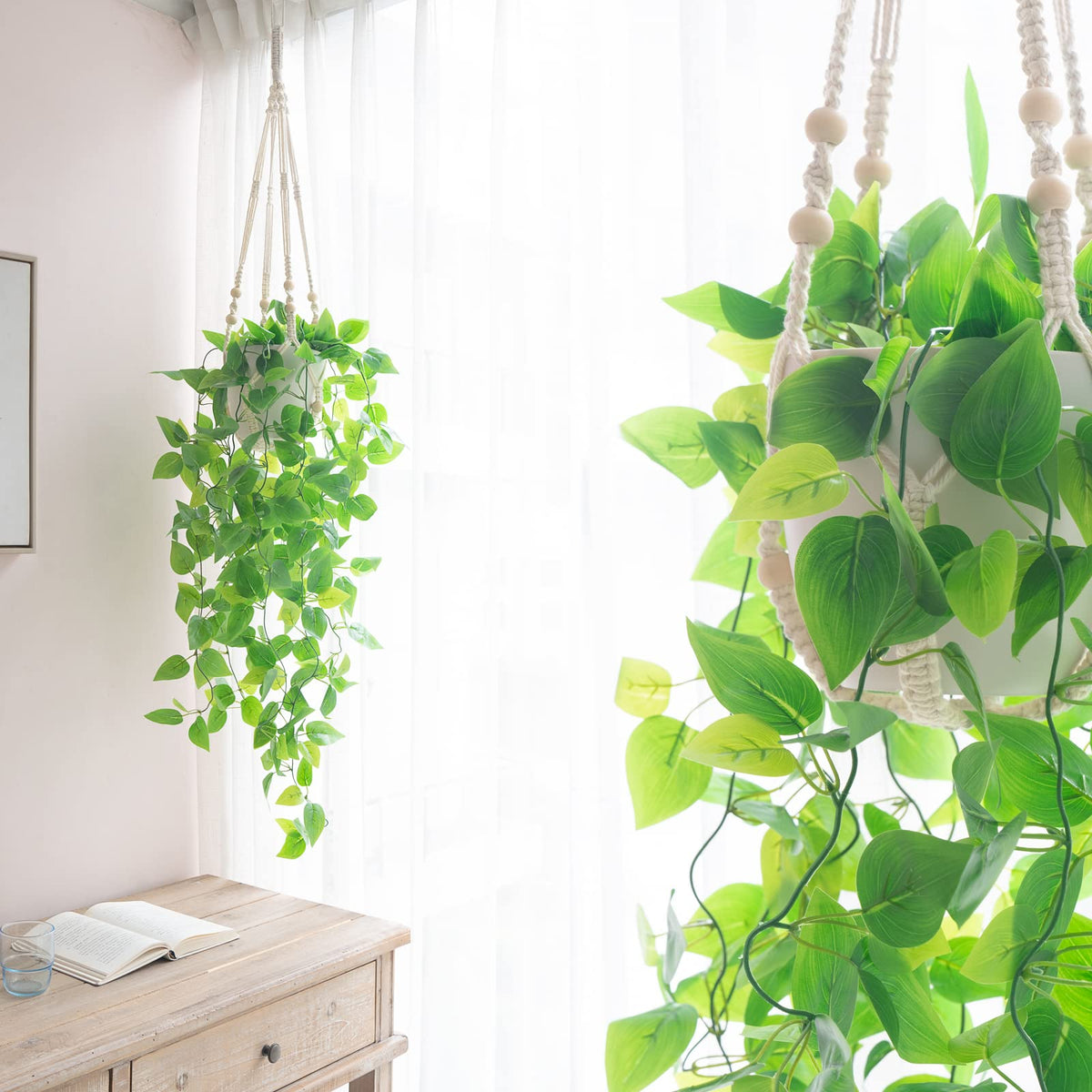 Mkono hanging planter basket cotton cord ivory adds vintage charm.