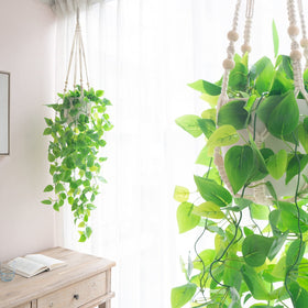 Mkono hanging planter basket cotton cord ivory adds vintage charm.