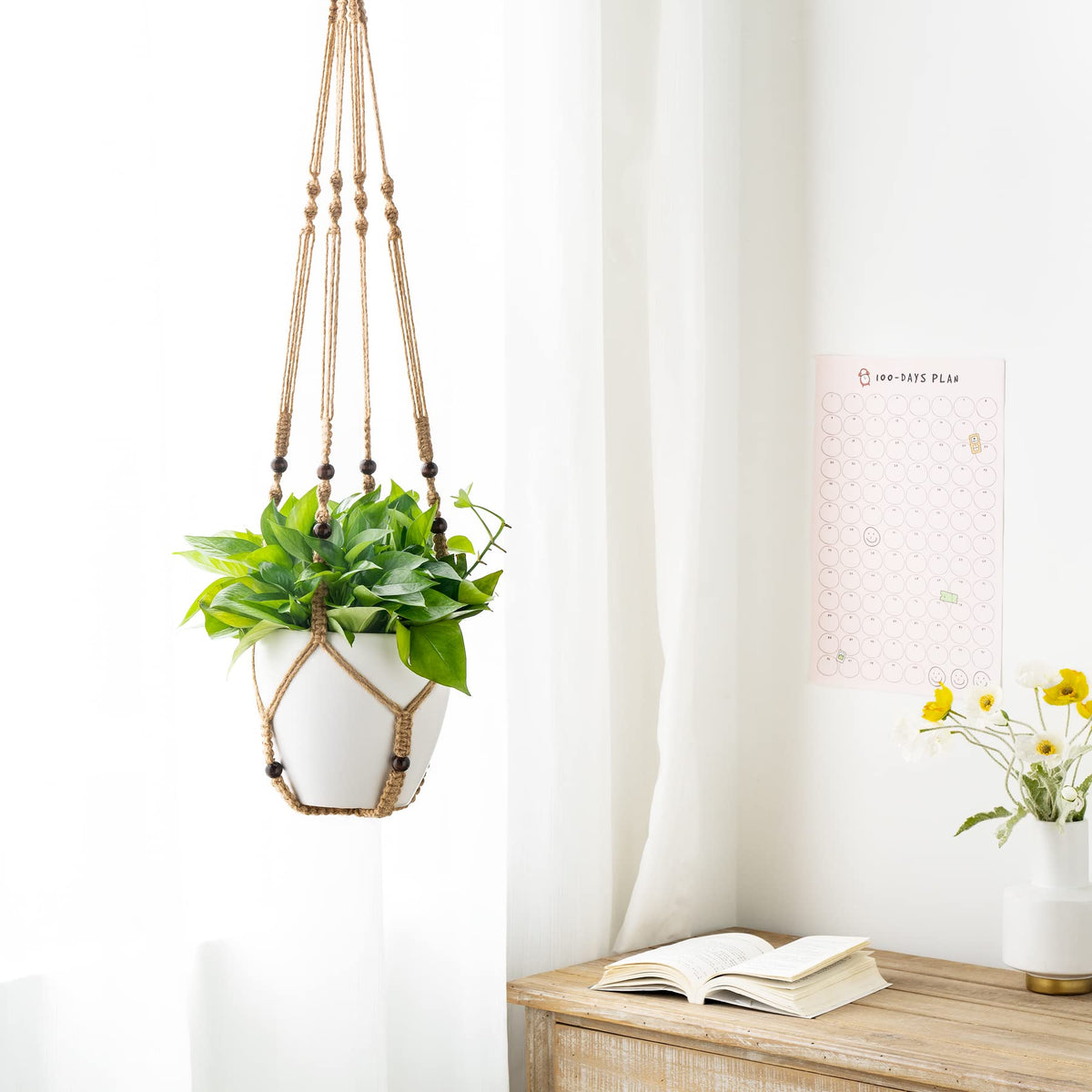 Indoor-outdoor use for Mkono macrame planter with no tassels and earthy tone